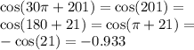 \cos(30\pi  +  201) =  \cos(201) = \\  \cos(180 + 21) =  \cos(\pi + 21) = \\  -  \cos(21) =  - 0.933