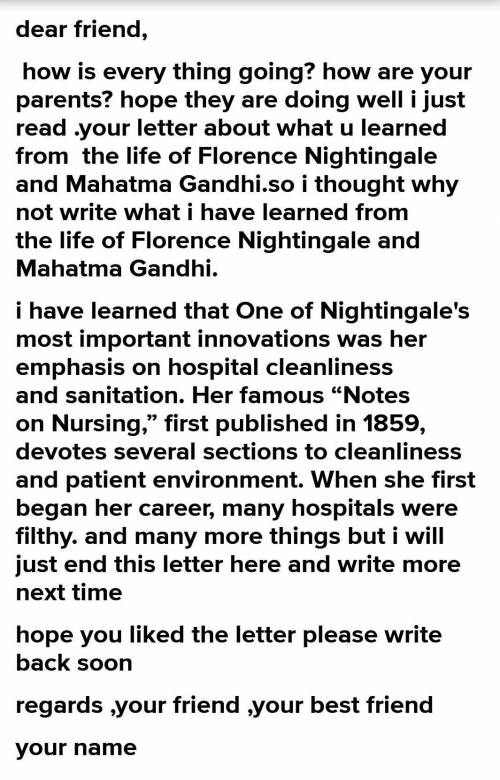 Write a letter to your friend about what you have learnt from the life of Florence Nightingale and m