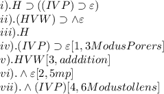i).   H  \supset  ((IVP)\supset  \varepsilon ) \\ii). (HVW) \supset  \wedge \varepsilon \\iii). H \\iv). (IVP) \supset \varepsilon   [ 1,3  Modus  Porers] \\v). HVW [ 3 , adddition] \\vi).   \wedge  \varepsilon    [2, 5  mp] \\vii).   \wedge  (IVP)  [4,6 Modus tollens]