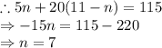 \therefore 5n+20(11-n)=115\\\Rightarrow -15n=115-220\\\Rightarrow n=7