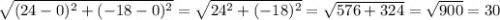 \sqrt{(24 - 0)^2 + (-18 - 0)^2} = \sqrt{24^2 + (-18)^2} = \sqrt{576 + 324} = \sqrt{900} = 30