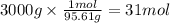 3000 g \times \frac{1mol}{95.61g} = 31 mol