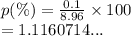 p(\%) =  \frac{0.1}{8.96}  \times 100 \\  = 1.1160714...