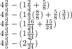 4\frac{2}{5} -(1\frac{2}{3}+\frac{5}{8})\\4\frac{2}{5} -(1\frac{2}{3}(\frac{8}{8}) +\frac{5}{8}(\frac{3}{3} ))\\4\frac{2}{5}-(1\frac{16}{24}+\frac{15}{24})\\4\frac{3}{5} -(1\frac{31}{24} )\\4\frac{3}{5} -(2\frac{7}{24} )