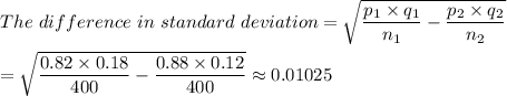 The \ difference \ in \ standard \ deviation  = \sqrt{ \dfrac{p_1 \times q_1}{{n_1} } -\dfrac{p_2 \times q_2}{{n_2} } }\\\\= \sqrt{\dfrac{0.82 \times 0.18}{{400} }-\dfrac{0.88 \times 0.12}{{400} }} \approx  0.01025\\