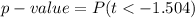 p-value  =  P (t < -1.504 )