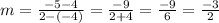 m = \frac{-5 -4}{2 - (-4)}  = \frac{-9}{2+4} = \frac{-9}{6} = \frac{-3}{2}