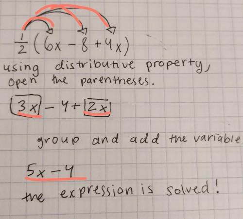 Write and expression equivalent to - 1/2(6x-8+4x please help