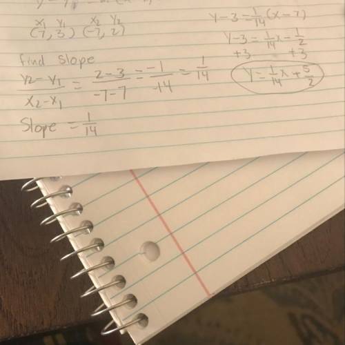 Find the equation of a line that contains the points (7,3) and (−7,2). Write the equation in slope-i