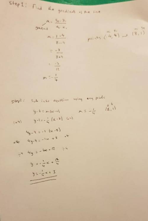 What is an equation of the line that passes through the points (-4, 4) and (8, 1)?