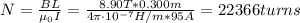N = \frac{BL}{\mu_{0} I} = \frac{8.90 T*0.300 m}{4\pi \cdot 10^{-7} H/m*95 A} = 22366 turns