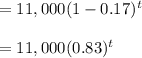=11,000 (1- 0.17)^t\\\\=11,000(0.83 )^t