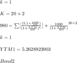 k=1\\\\K =20 \times 2\\\\980 = \sum  [ \frac {(5.1 \times \frac{1000}{200})}{(1 + \frac{YTM}{200})^k}] +   \frac{1000}{(1 + \frac{YTM}{200})}^{20 \times 2}\\\\k=1\\\\\ YTM1 = 5.2628923903\\\\Bond2\\