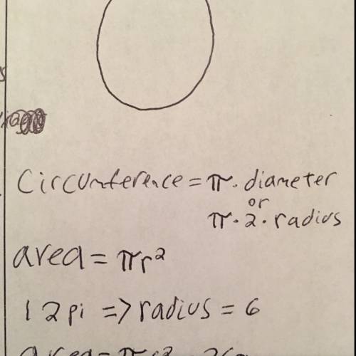 Find the are of a circle with a circumference of 12pi