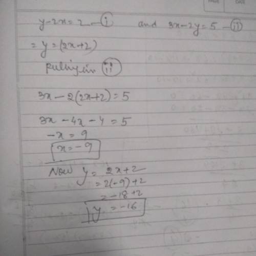 Solve y-2x=2 and 3x-2y=5 using substitution