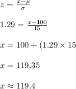 z=\frac{x-\mu}{\sigma}\\\\1.29=\frac{x-100}{15}\\\\x=100+(1.29\times 15}\\\\x=119.35\\\\x\approx 119.4