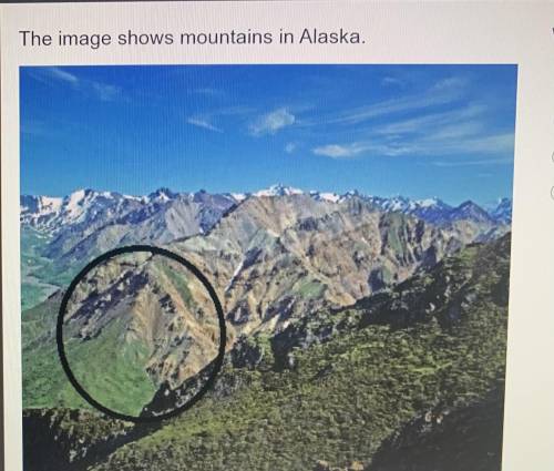 Which describes the circled area of these mountains?

A syncline is visible,
An anticline is visible