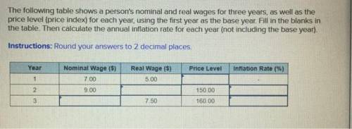 The following table shows a person's nominal and real wages for three years, as well as the price le