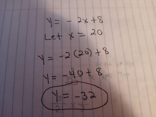 Stion 2
What is the value for y in the following expression
when x = 20
y= -2x + 8