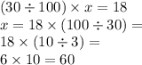 (30 \div 100 ) \times x = 18 \\ x = 18 \times( 100 \div 30) =  \\ 18  \times (10 \div 3) =  \\ 6 \times 10 = 60