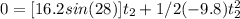 0=[16.2sin(28)]t_{2}+1/2(-9.8)t_{2}^{2}
