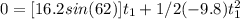 0=[16.2sin(62)]t_{1}+1/2(-9.8)t_{1}^{2} \\