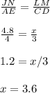 \frac{JN}{AE}=\frac{LM}{CD}\\  \\\frac{4.8}{4}=\frac{x}{3}\\  \\1.2=x/3\\\\x=3.6