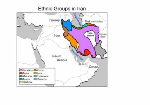 Which statement regarding this map of ethnic groups in the country of Iran is MOST correct? A) Kurds