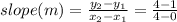 slope(m) = \frac{y_2 - y_1}{x_2 - x_1} = \frac{4 - 1}{4 - 0}