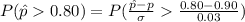 P(\^ p    0.80) =  P(\frac{ \^ p - p }{ \sigma }    \frac{0.80 - 0.90}{0.03} )