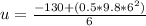 u  =  \frac{-130 +  (0.5 * 9.8 *  6^2) }{6}