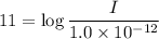 11=\log\dfrac{I}{1.0\times10^{-12}}
