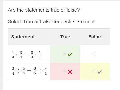 Are the statements true or false?

Select True or False for each statement.
Statement True False
1/