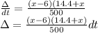 \frac{\Delta}{dt} = \frac{ (x - 6 ) (14.4 + x}{500}  \\\Delta = \frac{(x - 6)(14.4 + x)}{500} dt