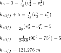 h_o - 0 = \frac{1}{2g}(v_2^2-v_1^2)\\\\h_{cliff} + 5= \frac{1}{2g}(v_2^2-v_1^2)\\\\h_{cliff}  = \frac{1}{2g}(v_2^2-v_1^2) - 5\\\\h_{cliff}  = \frac{1}{2*9.8}(90^2-75^2) - 5\\\\h_{cliff} = 121.276 \ m