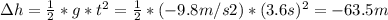 \Delta h = \frac{1}2} * g* t^{2} = \frac{1}{2} *(-9.8 m/s2)*(3.6s)^{2} = -63.5 m