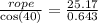 \frac{rope}{ \cos(40) } =  \frac{25.17}{0.643}   \\