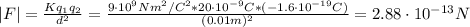 |F| = \frac{Kq_{1}q_{2}}{d^{2}} = \frac{9\cdot 10^{9}Nm^{2}/C^{2}*20 \cdot 10^{-9} C*(-1.6\cdot 10^{-19} C)}{(0.01 m)^{2}} = 2.88 \cdot 10^{-13} N