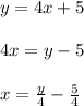 y = 4x  +  5\\\\4x = y - 5\\\\x = \frac{y}{4}-\frac{5}{4}