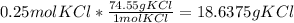 0.25molKCl*\frac{74.55gKCl}{1molKCl} = 18.6375 gKCl