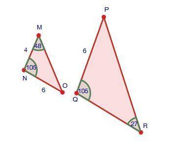 I NEED THIS ANSWERED QUICK Are the two triangles below similar?

Triangles MNO and PQR are shown. An