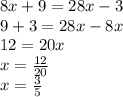 8x+9=28x-3\\9+3=28x-8x\\12=20x\\x=\frac{12}{20}\\ x=\frac{3}{5}
