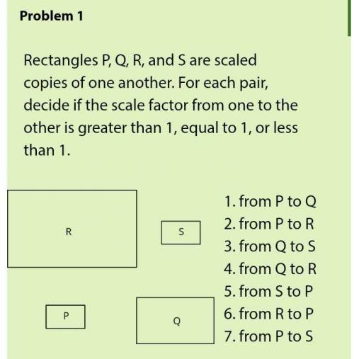 Rectangles P, Q, R, and S are scaled copies of one another. For each pair, decide if the scale facto