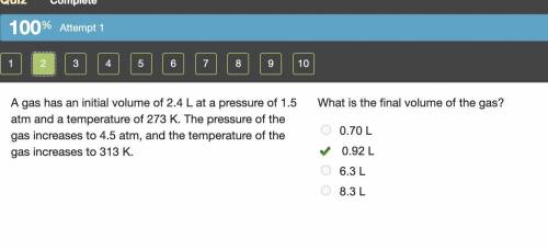 A gas has an initial volume of 2.4 L at a pressure of 1.5 atm and a temperature of 273 K. The pressu