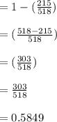 = 1 - (\frac{215}{518})\\\\= ( \frac{518-215}{518})\\\\= ( \frac{303}{518})\\\\ = \frac{303}{518}\\\\= 0.5849