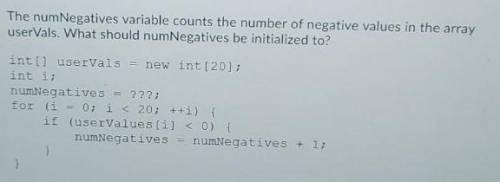 The numNegatives variable counts the number of negative values in the array userVals. What should nu