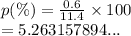 p(\%) =  \frac{0.6}{11.4}  \times 100 \\  = 5.263157894...