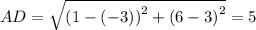 AD=\sqrt{\left(1-\left(-3\right)\right)^2+\left(6-3\right)^2}=5