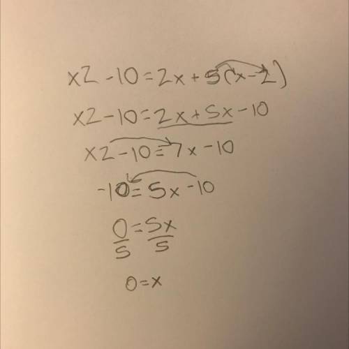 List the steps to solve the equation x2 - 10 = x2 + 5(x - 2),
