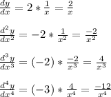 \frac{dy}{dx} = 2*\frac{1}{x}  = \frac{2}{x} \\\\\frac{d^2y}{dx^2} = -2*\frac{1}{x^2}  = \frac{-2}{x^2} \\\\\frac{d^3y}{dx^3} = (-2)*\frac{-2}{x^3}  = \frac{4}{x^3} \\\\\frac{d^4y}{dx^4} = (-3)*\frac{4}{x^4}  = \frac{-12}{x^4}
